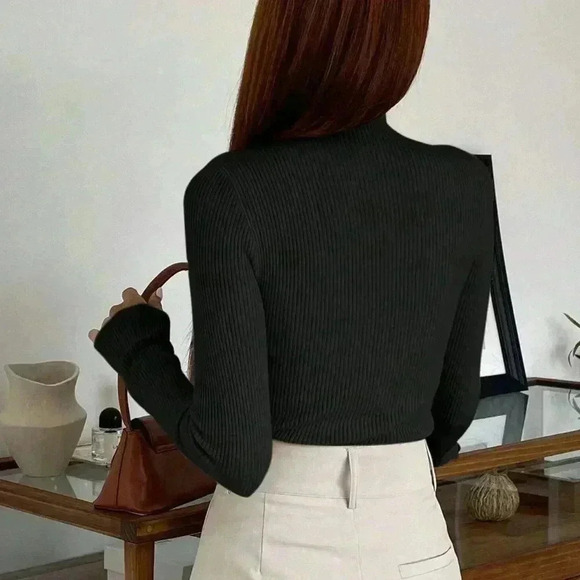 Black Casual Women's Cut Out Mock Neck Ribbed Knit Sweater - Picture 2 of 4